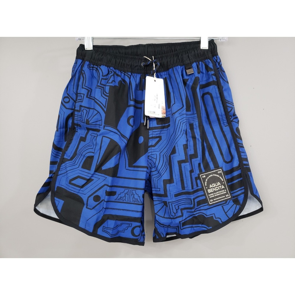 NEW Agua Bendita Men's 30 Liam Tile Swim Trunks BLUE BLACK GRES TRIBAL‎ STRIPED